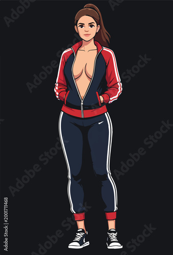 Donna in piedi con abbigliamento casual tuta, illustrazione vettoriale