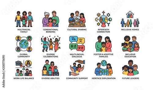 Diversity and community icons arranged in grid on white background