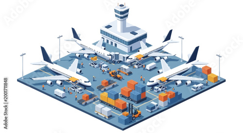 Isometric airport terminal with airplanes and cargo vehicles isolated on a white background for print.