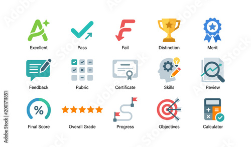 Assessment and grading icons arranged in grid on white background