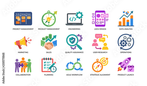 Grid of business and product management icons for teams
