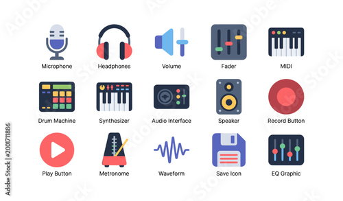 Collection of audio and music production icons in grid layout