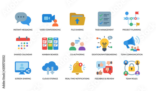 Collaboration and productivity icons showing teamwork tools grid