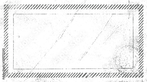 Distressed grey rectangular frame with diagonal stripes and speckled texture on white background grunge