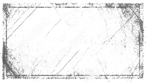 Distressed grunge rectangular frame with rough textured edges and diagonal scratch marks on white background