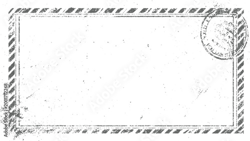 Distressed grey envelope with diagonal stripe border and circular stamp imprint paper white
