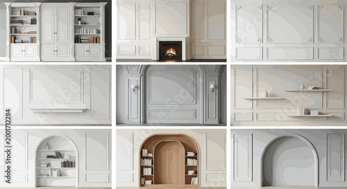 Collection of classic interior wall designs featuring decorative molding arched bookshelves built in cabinets and elegant fireplace mantels for modern home architectural decoration projects