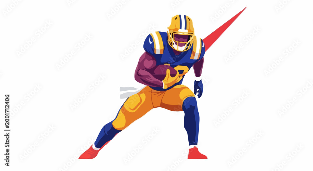 Fototapeta premium An American football player in a yellow and blue uniform running with the ball. He is wearing a helmet and pads and is in a dynamic pose, ready to score