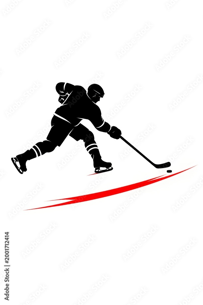 Fototapeta premium Minimalist hockey poster: a black silhouette of a hockey stick striking a small puck, with a sharp red streak showing the shot direction on a white background.