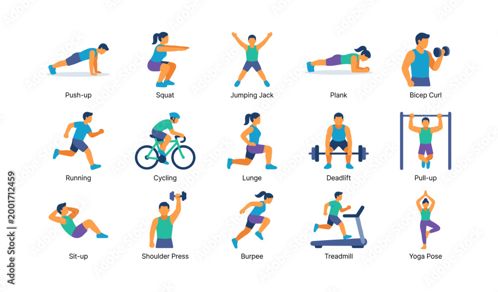 Fototapeta premium Fitness exercise icons showing workout moves in grid