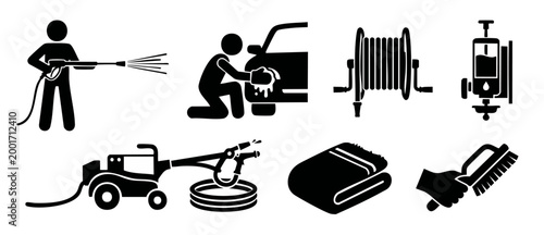Car Wash and Pressure Washing Icons Set, Professional Vehicle Cleaning Tools, Auto Detailing Equipment Vector Symbols for Maintenance, Exterior Service, Automotive Care Graphics in Minimalist Black St