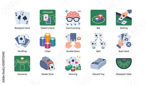Blackjack icons grid showing card game and casino table elements