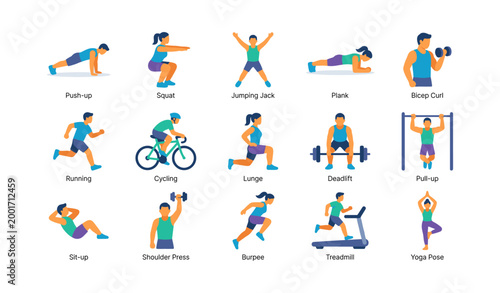 Fitness exercise icons showing workout moves in grid