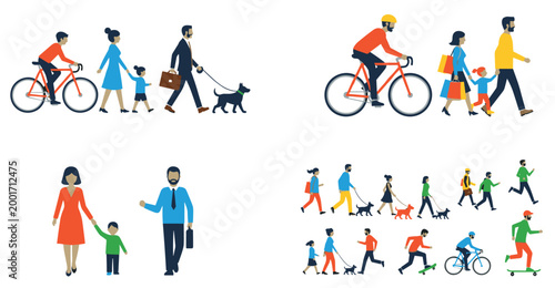 Obraz na plátně Flat vector illustration set of people engaging in urban activities including wa