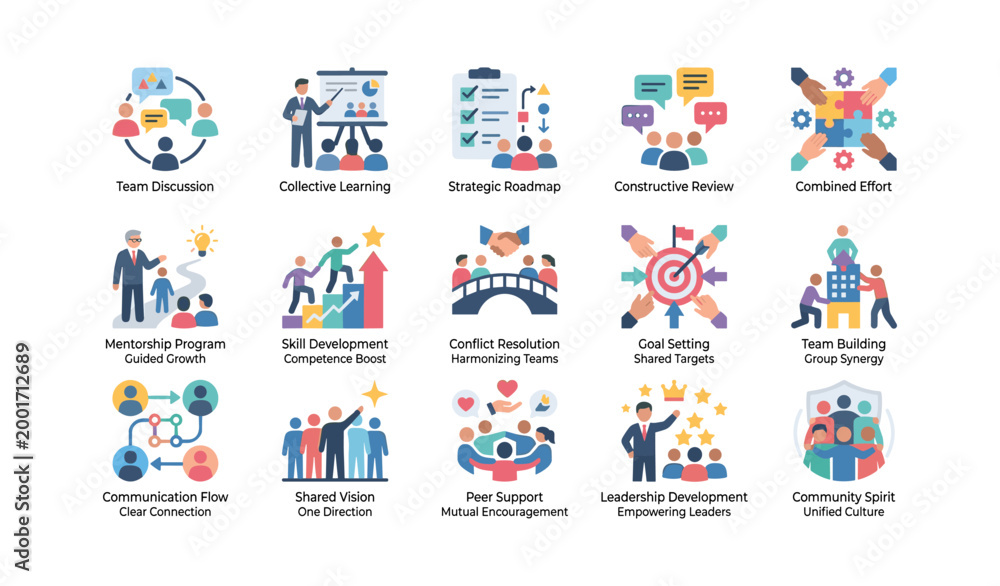 Fototapeta premium Teamwork and learning icons depicting collaboration and growth