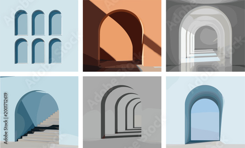 Fotografía Minimalist architectural collection of archway passages and windows with geometr