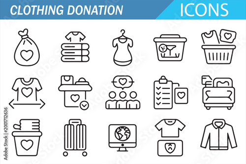 Clothing Donation Icons Set with Charity Box Clothes Heart Volunteer and Recycle Line Art Collection