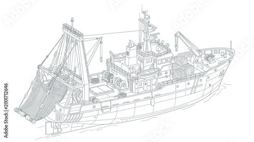 Detailed line drawing of a large commercial fishing vessel with a net deployed at the stern.
