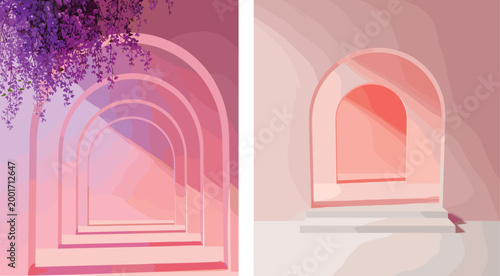 Cuadro en lienzo Minimalist architectural illustration of surreal pink archway passages with purp