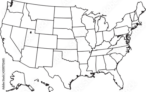 United States map outline features thin white lines separating each individual state on a white background.