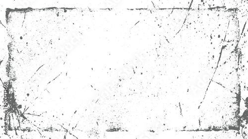 Grayscale distressed grunge border with scattered paint splatters and fine dust particles frame texture