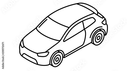 Isometric line art drawing of a modern hatchback car, simple black and white outline illustration.