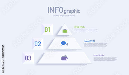 Modern minimalistic infographic template featuring 3D pyramid. Vector infographic template with 3 options or steps