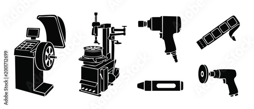 Automotive Tire Service Equipment Icons Set - Wheel Balancer, Tire Changer, Impact Wrench, Grinder and Balancing Weights for Mechanic Shop, Auto Repair Garage Workshop Vector Illustration Black Silhou
