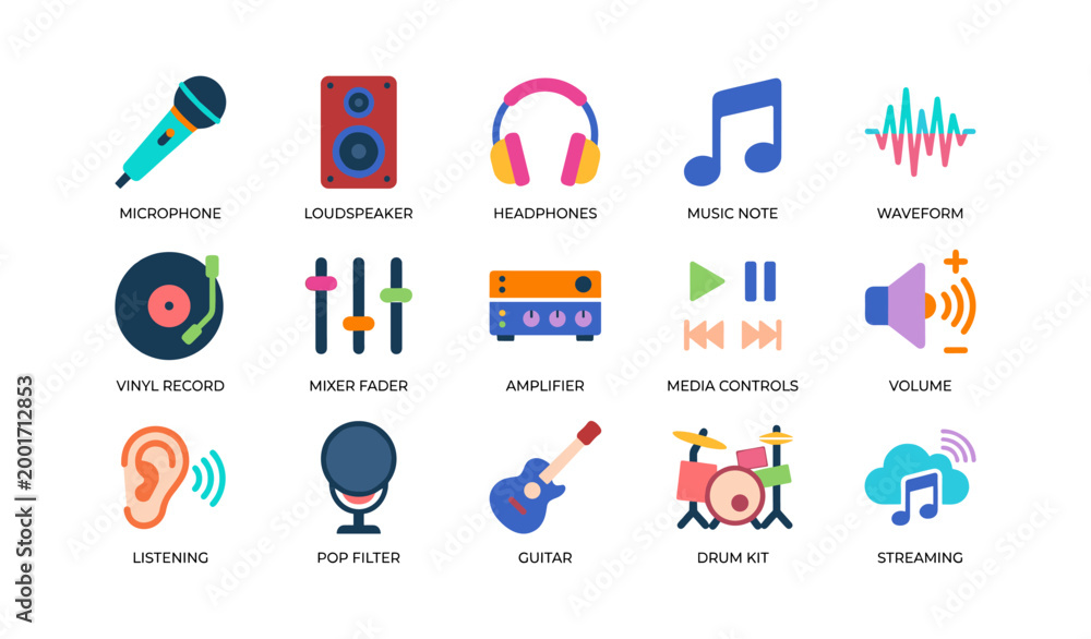 Fototapeta premium Music icons showing audio equipment and playback symbols on white