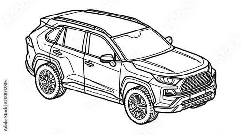 Black and white line art illustration of a modern compact SUV car from an isometric perspective, showcasing its exterior design.