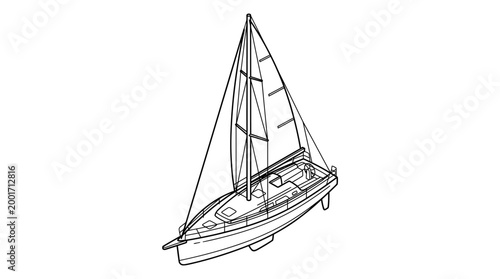 Line drawing of a sailboat with mast and sails, viewed from an elevated angle, on a white background.