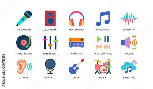 Music icons showing audio equipment and playback symbols on white