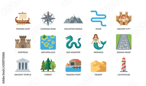 Exploration icons showing nautical and ancient travel symbols on white