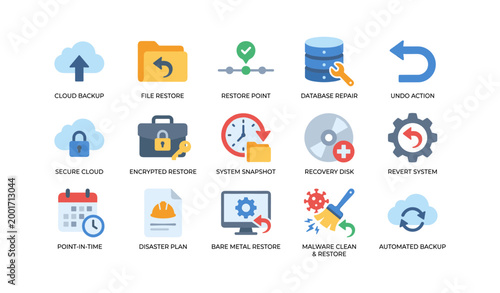 Flat icons representing backup and recovery on white background