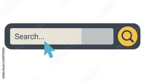 Illustration of a simple search bar with a cursor clicking inside the search field and a magnifying glass icon on the right side for web browsing.