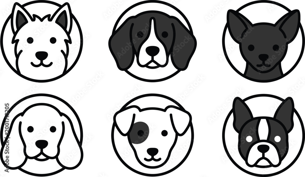 Fototapeta premium Six dog face illustrations in oval frames black and white line art