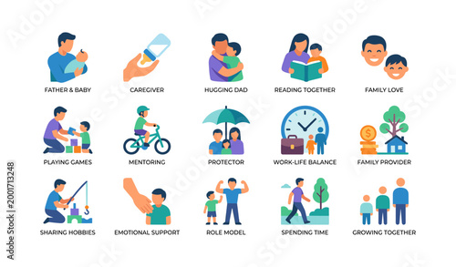 Fatherhood and family care icons arranged on white background