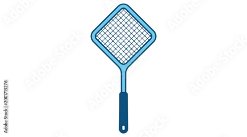 A blue fly swatter with a long handle and a mesh grid design, used for effectively catching insects and flies both indoors and outdoors.