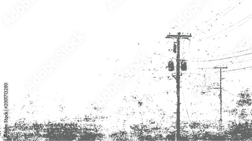 Obraz na płótnie Gray telephone pole with transformers and overhead wires against a textured whit