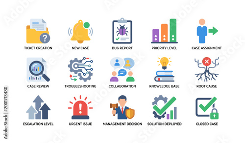 Case management and support workflow icons on white grid