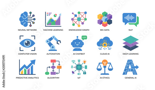 Artificial intelligence and machine learning icons arranged in grid