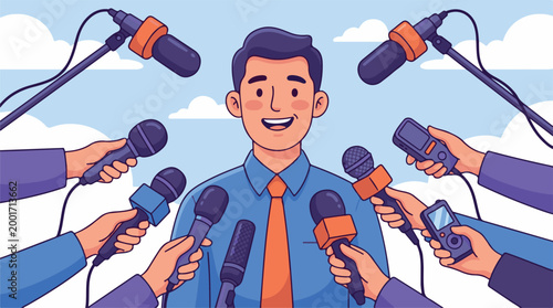 A businessman wearing a professional suit and tie stands confidently as he is surrounded by reporters and microphones during a press conference.