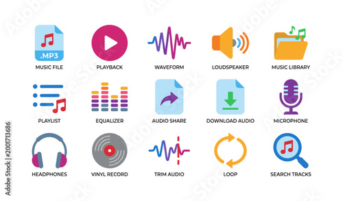Audio and music icons showing playback tools on white grid
