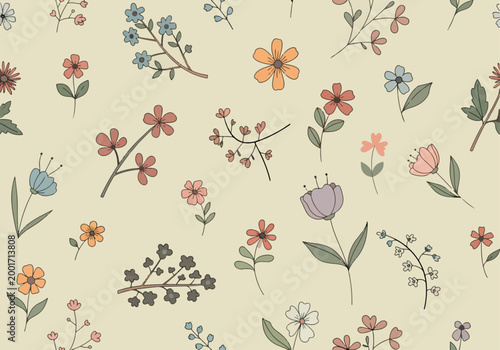 Playful seamless flower background with scattered blossoms and gentle spacing