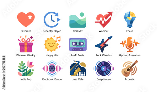 Music playlist and genre icons displayed on white background