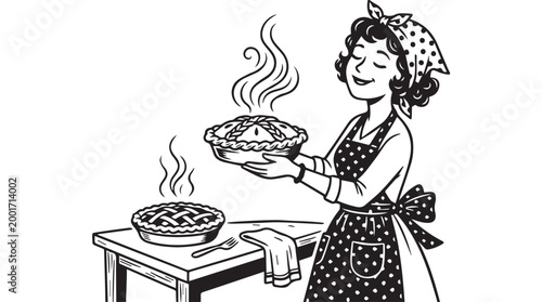 A joyful woman wearing a retro apron and headscarf proudly holds a freshly baked pie with steam rising from it on a kitchen table.