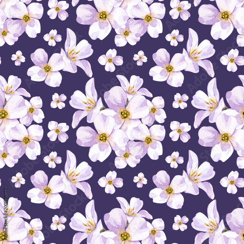 Seamless watercolor pattern with bouquets of white flowers on a dark purple background. The botanical illustration forms a continuous, fresh floral pattern that is perfect for textiles, home decor