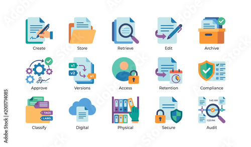 Set of document management icons showing file actions and storage