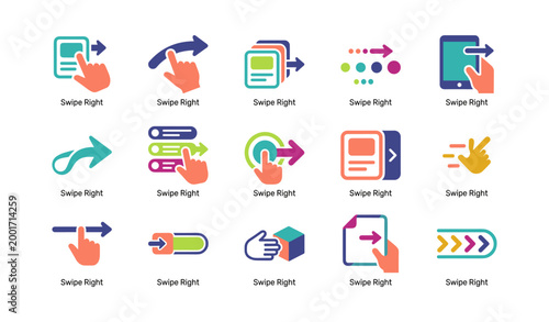 Touch gesture icons demonstrating swipe right interactions on white