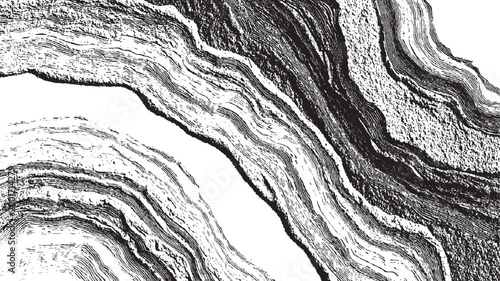 Black and white abstract depiction of layered geological strata or wood grain texture pattern